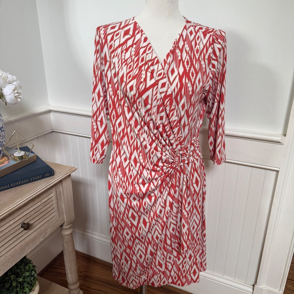 Tommy Bahama Red White Ikat Diamond Faux Wrap Dress V-Neck 3/4 Sleeve Medium